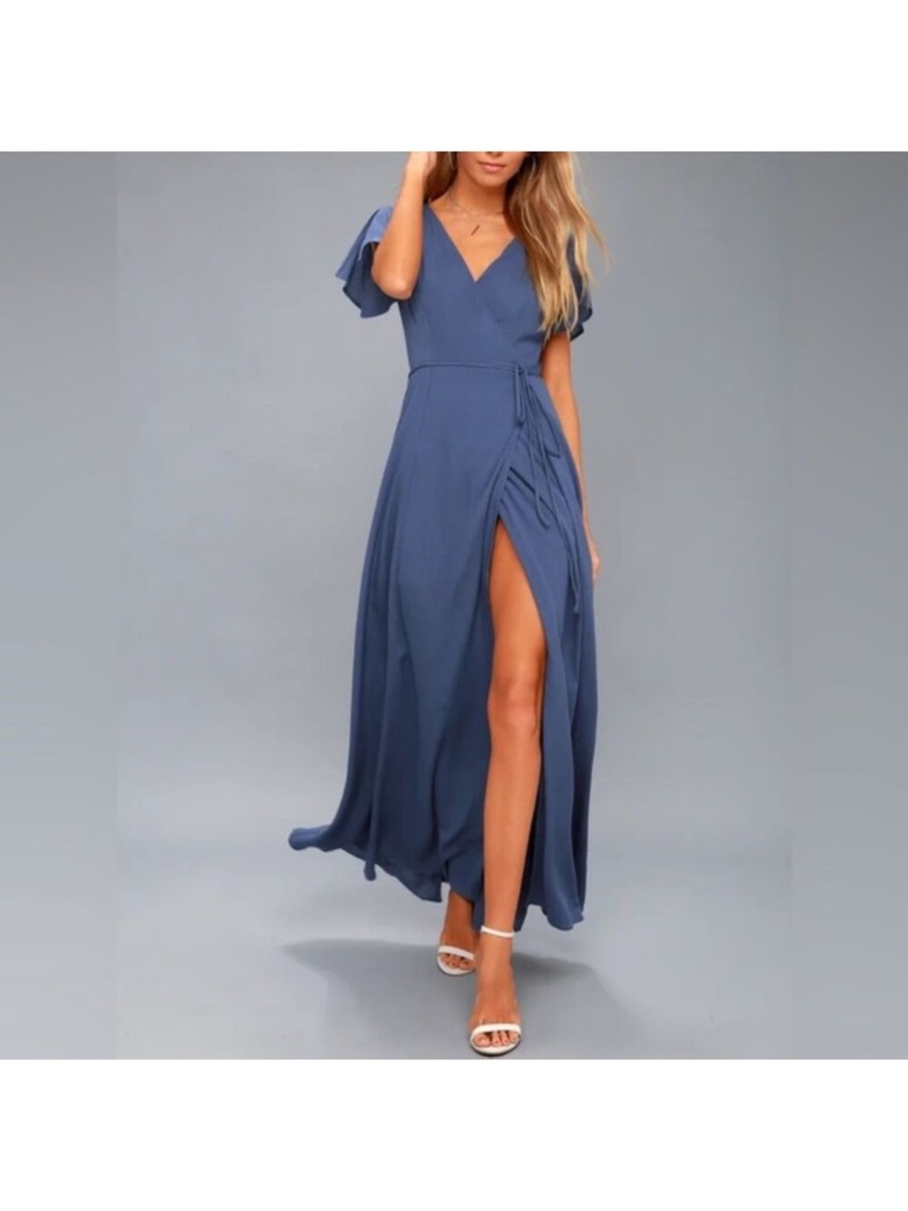 V-Neck Wrap Maxi Dress in Slate Blue